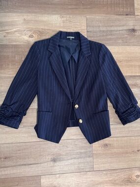 Express Navy Pinstripe Ruched-Sleeve Blazer with Gold Buttons